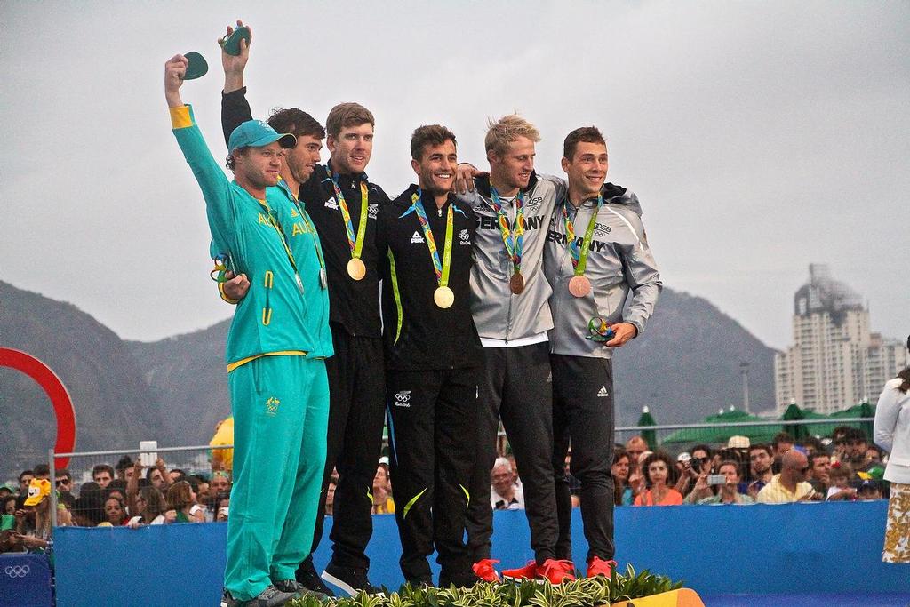 49er medalists after the presentation in Rio de Janeiro. From left Australia, New Zealand and Germany. &copy; Richard Gladwell www.photosport.co.nz